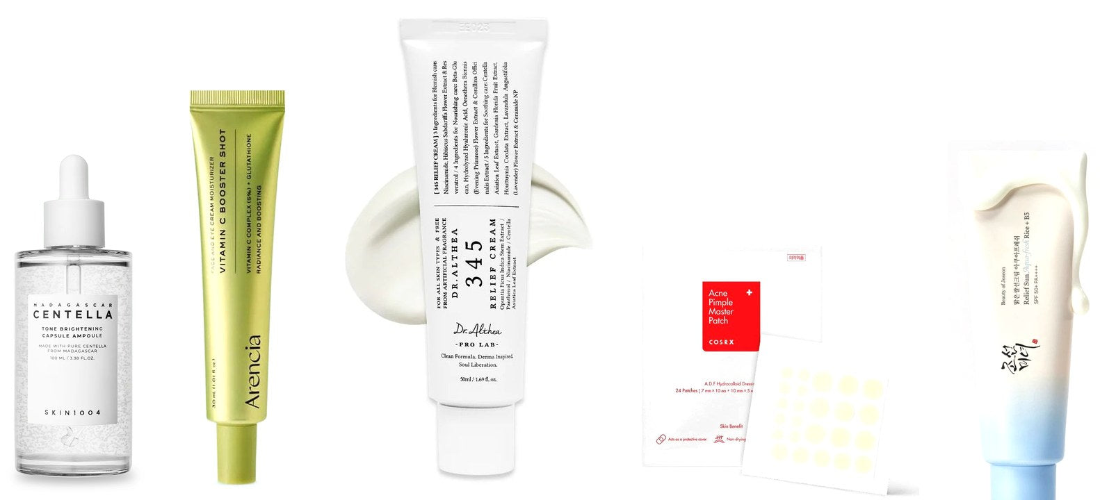 K-Beauty best sellers: SKIN1004 ampoule, ARENCIA Vitamin C, Dr. Althea 345 cream, COSRX patches, Beauty of Joseon sunscreen