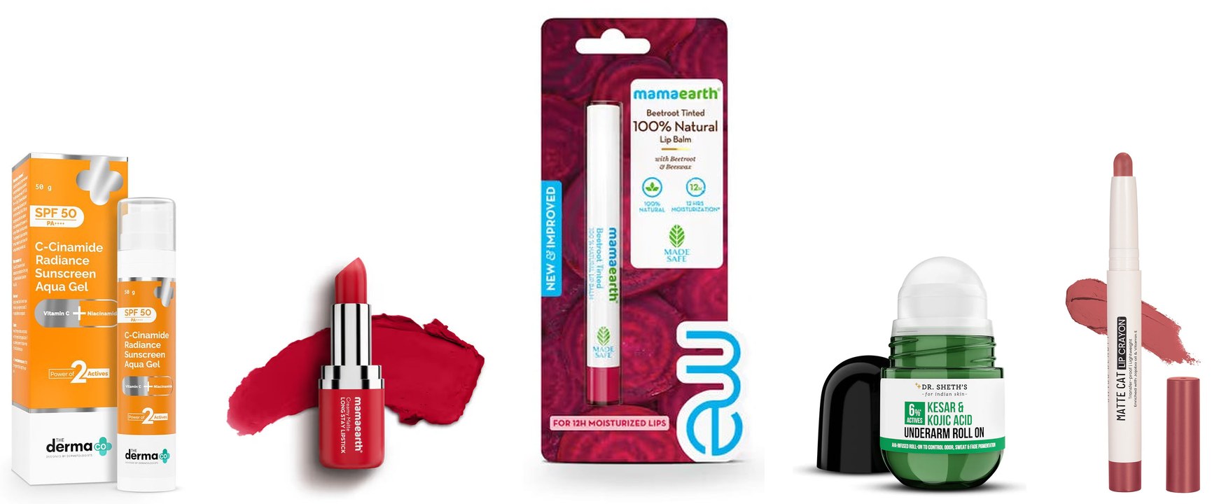 The Derma Co sunscreen, Mamaearth lipstick and lip balm, Dr. Sheth's roll-on, Swiss Beauty lip crayon