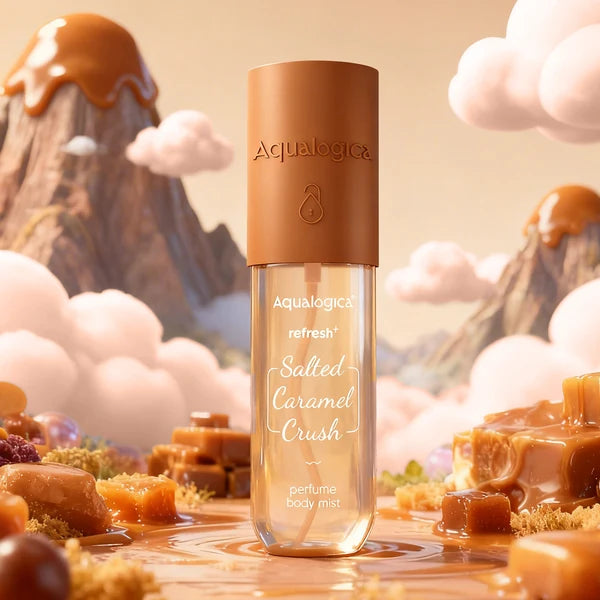 Aqualogica Refresh+ Perfume Body Mist - Salted Caramel Crush | Mouthwatering Gourmand Scent | Long Lasting Fragrance | Double Duty for Hair & Body | Non-Irritating & Hydrating | Infused with Zemea & Hyaluronic Acid | For Men & Women | 150 ml
