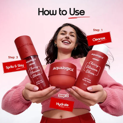 Aqualogica Cherry Blossom Bloom (Hot Girl Essentials) | With Sling Bag & Charms | Perfume Body Wash | Perfume Body Mist | Hydra Gel Moisturizer | Fragrance | Gift Set | Gifting For  Special Occasions | Premium Gift Pack