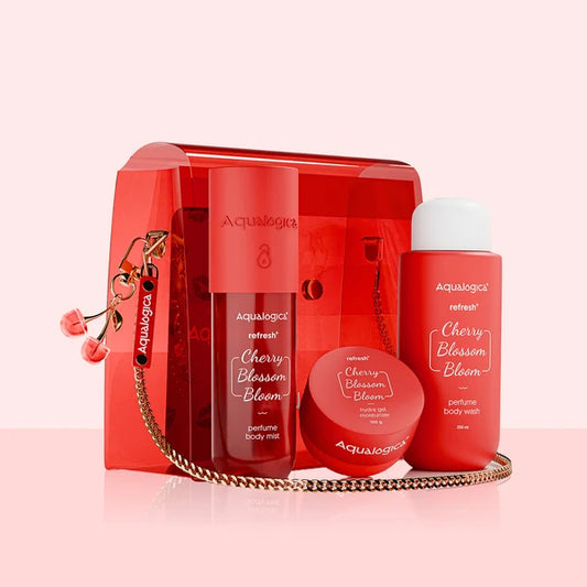 Aqualogica Cherry Blossom Bloom (Hot Girl Essentials) | With Sling Bag & Charms | Perfume Body Wash | Perfume Body Mist | Hydra Gel Moisturizer | Fragrance | Gift Set | Gifting For  Special Occasions | Premium Gift Pack