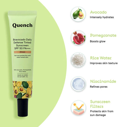QUENCH BRAVOCADO (DEEP) DAILY DEFENSE TINTED SUNSCREEN SPF 50 PA+++ 50ML