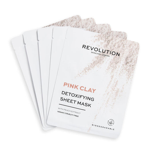 REVOLUTION SKINCARE BIODEGRADABLE DETOXIFYING PINK CLAY SHEET MASK 5 PACK
