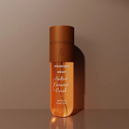 Aqualogica Refresh+ Perfume Body Mist - Salted Caramel Crush | Mouthwatering Gourmand Scent | Long Lasting Fragrance | Double Duty for Hair & Body | Non-Irritating & Hydrating | Infused with Zemea & Hyaluronic Acid | For Men & Women | 150 ml