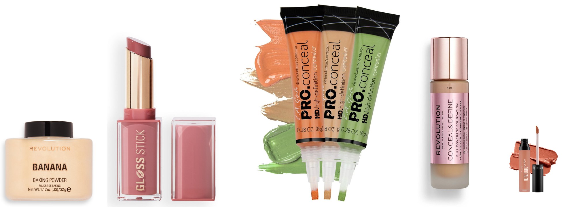 Revolution baking powder, gloss stick and foundation, L.A. Girl Pro.Conceal, Swiss Beauty concealer