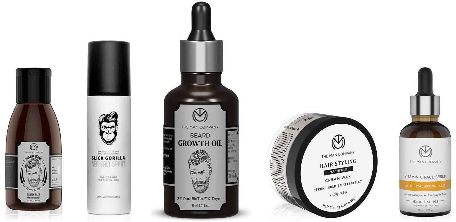 The Man Company beard wash, beard oil, cream wax and vitamin C serum, Slick Gorilla sea salt spray