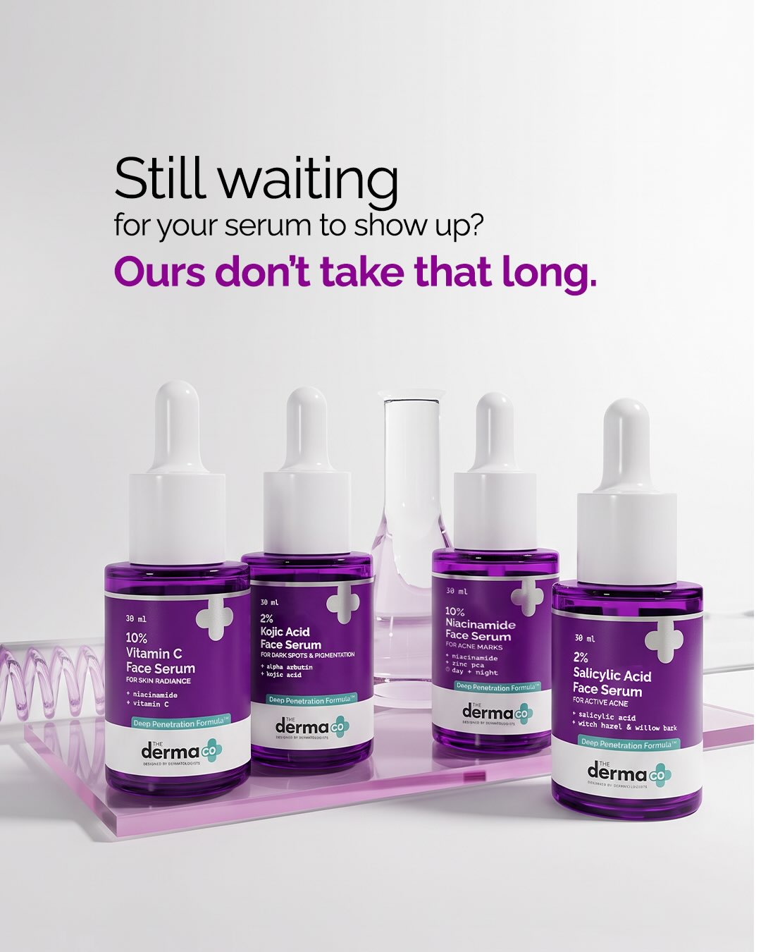 The Derma Co serums: Still waiting for your serum to show up? Ours don't take that long.